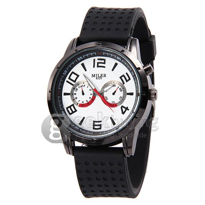 MILER A8225 White Dial Stainless Steel Rubber Strap Analog Quartz Sport Wrist Watch for Man