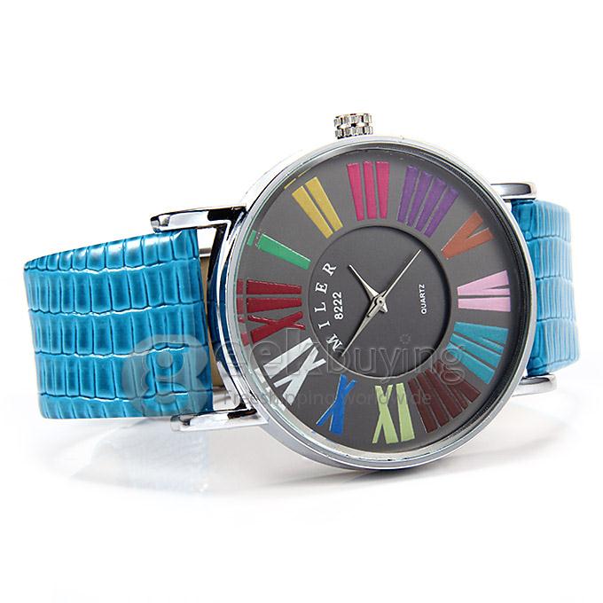 MILER A8222 Fashion Unisex Colorful Rome Digital Crocodile Pattern Leather Band Analog Quartz Wrist Watch - Blue