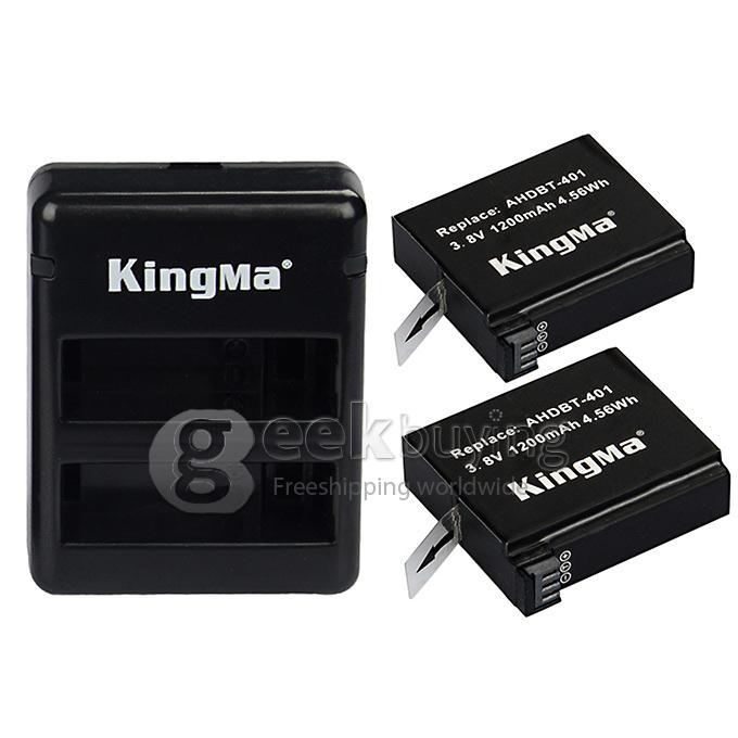 Kingma 2 x 1200mAh AHDBT-401 Camera Battery + Dual Port Home Charger for Gopro Hero 4 HD Camera