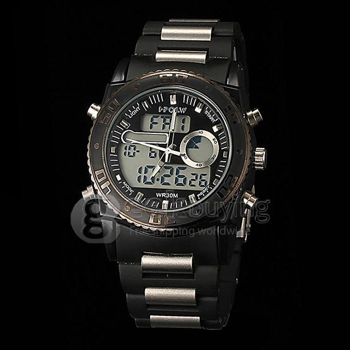 Hpolw FS-583 Men's Fashion LED Stainless Steel Analog-Digital Quartz Sport Wrist Watch - Black