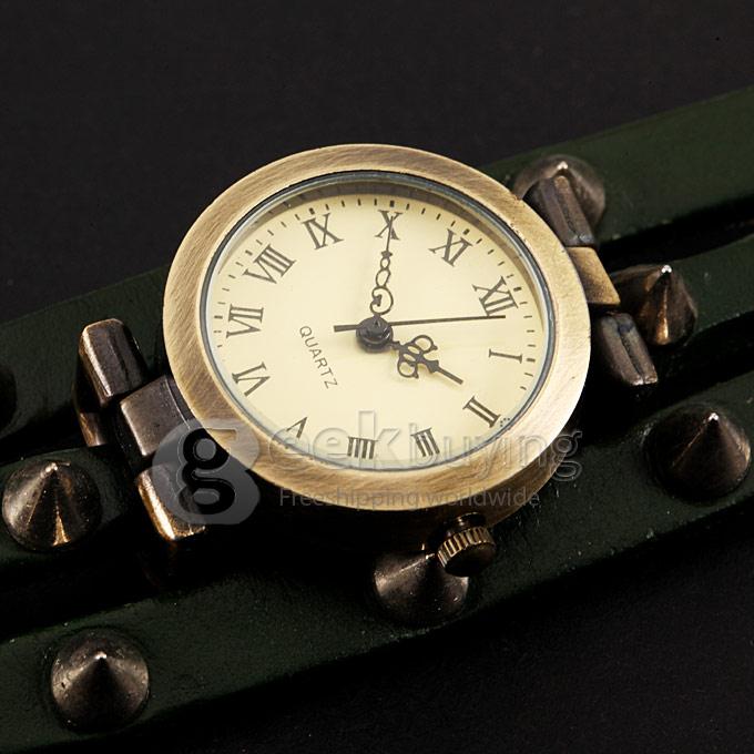 Women's Fashion Spike Style Round Dial Leather Braid Strap Analog Quartz Bracelet Watch - Green