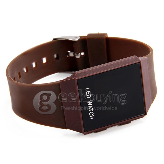 Unisex LED Digital Bright Colorful Square Case Silicone Strap Quartz Wrist Watch - Brown