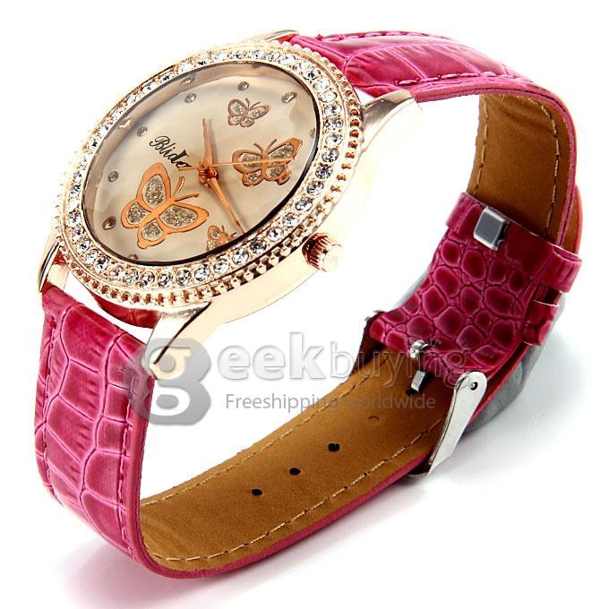 Women's Lady Style Casual Butterfly Pattern Crocodile Pattern Leather Band Quartz Watch with Diamond - Pink