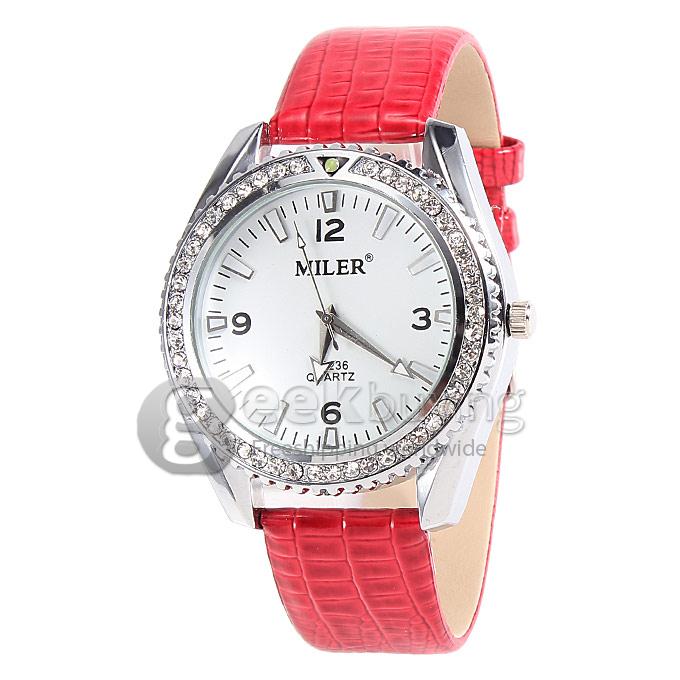 MILER A8236 Unisex Silver Case White Dial Crocodile Leather Band Analog Quartz Watch With Diamond - Red
