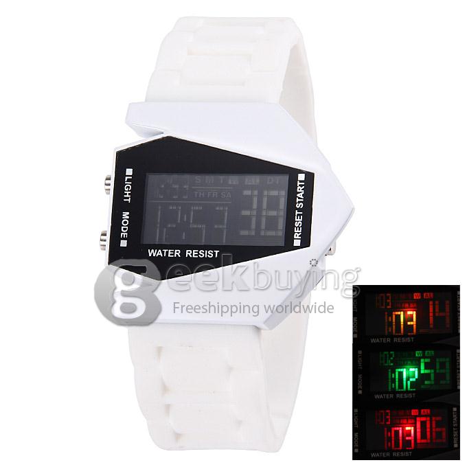 Stealth Aircraft Style LED Silicone Strap Digital Quartz Sport Wrist Watch for Man - White