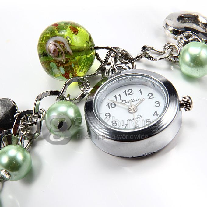 Fashion Casual Alloy and Plastic Bead Heart Pattern Analog Quartz Bracelet Watch for Woman - Green