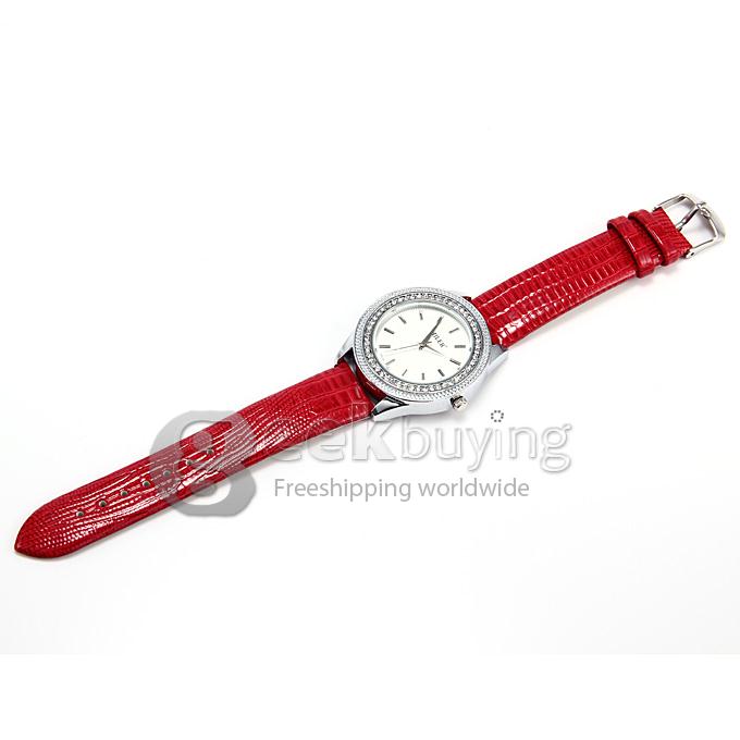 MILER A8235 Unisex Silver Case Crocodile Leather Band Analog Quartz Watch With Diamond - Red