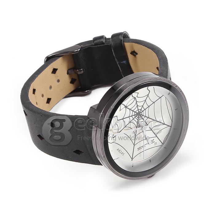 MILER A8245 Unisex Fashion Black Leather Band Cobweb Pattern Analog Quartz Wrist Watch - Silver Dial