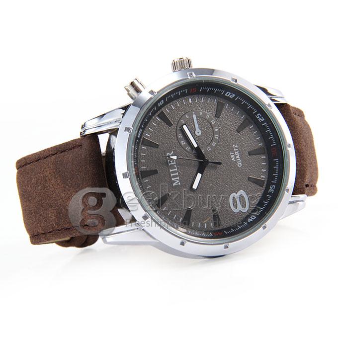 MILER A87 Unisex Fashion Black Case Leather Strap Analog Quartz Wrist Watch - Brown