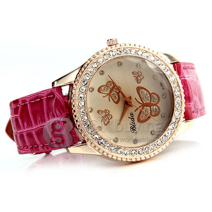 Women's Lady Style Casual Butterfly Pattern Crocodile Pattern Leather Band Quartz Watch with Diamond - Pink