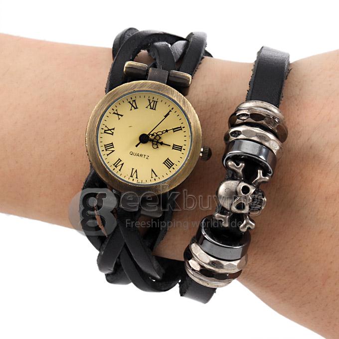 Women's Fashion Round Braid Leather Strap Analog Quartz Skeleton Style Bracelet Watch - Black