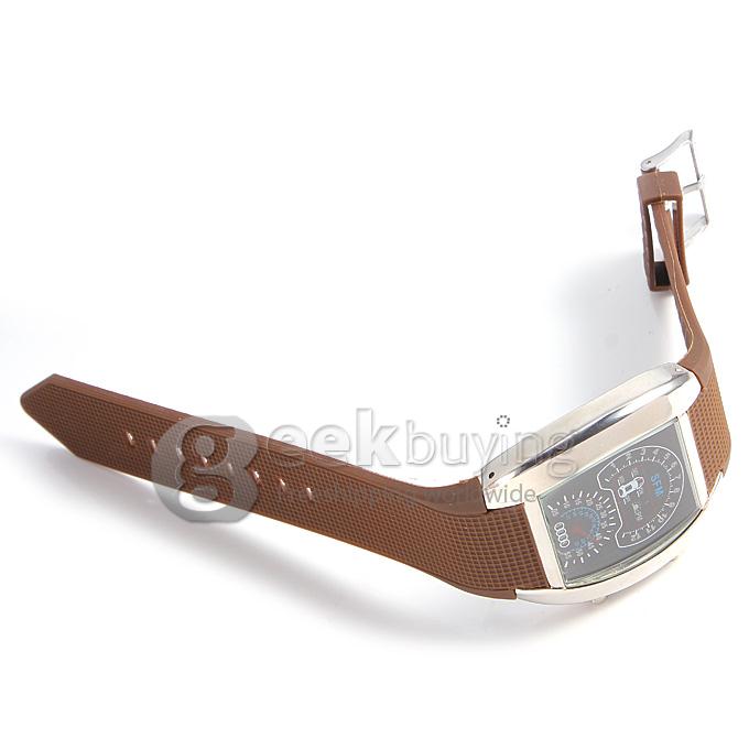 Unisex Automobile Pattern Silver Shell LED PU Strap Digital Quartz Wrist Watch - Brown