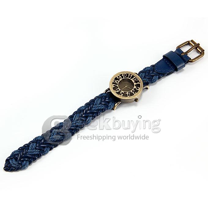 Women's Fashion Vintage Leisure Analog Quartz Handcraft Weave Strap Wrist Watch - Blue