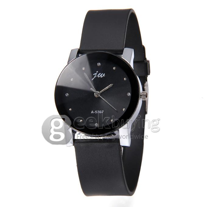 JW A-5707 Couple's Simple Fashion Black Dial PU Strap Analog Quartz Watch with Diamond for Man - Black