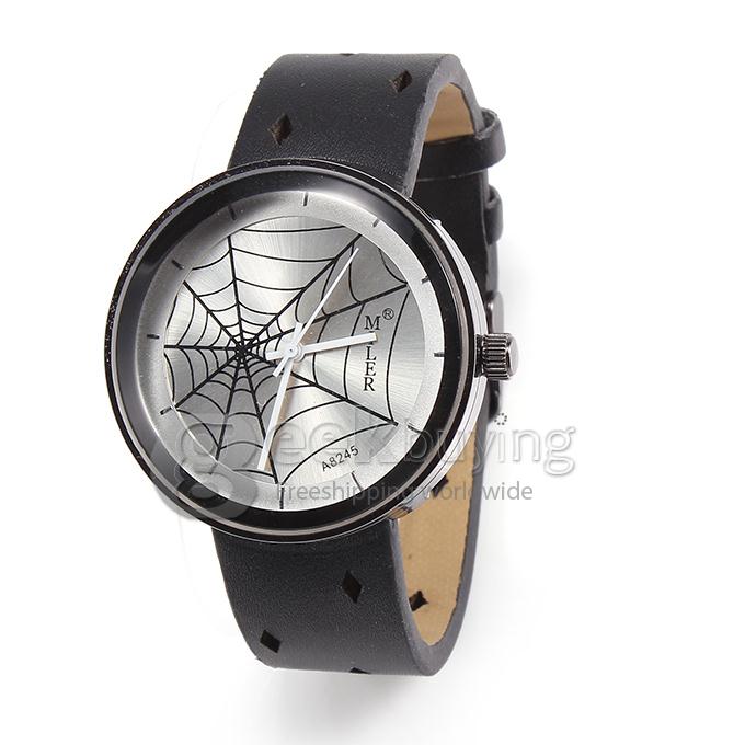 MILER A8245 Unisex Fashion Black Leather Band Cobweb Pattern Analog Quartz Wrist Watch - Silver Dial