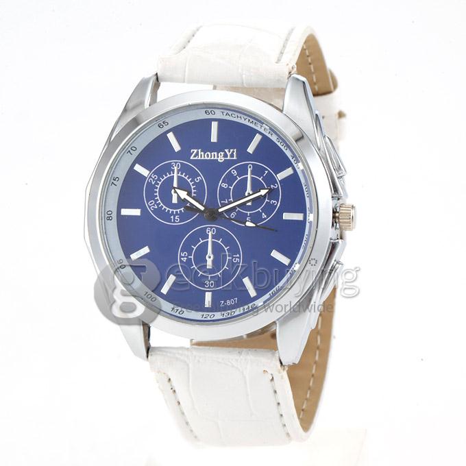 ZHONGYI Z-807 Men's Fashion Blue Dial White PU Band Analog Quartz Watch