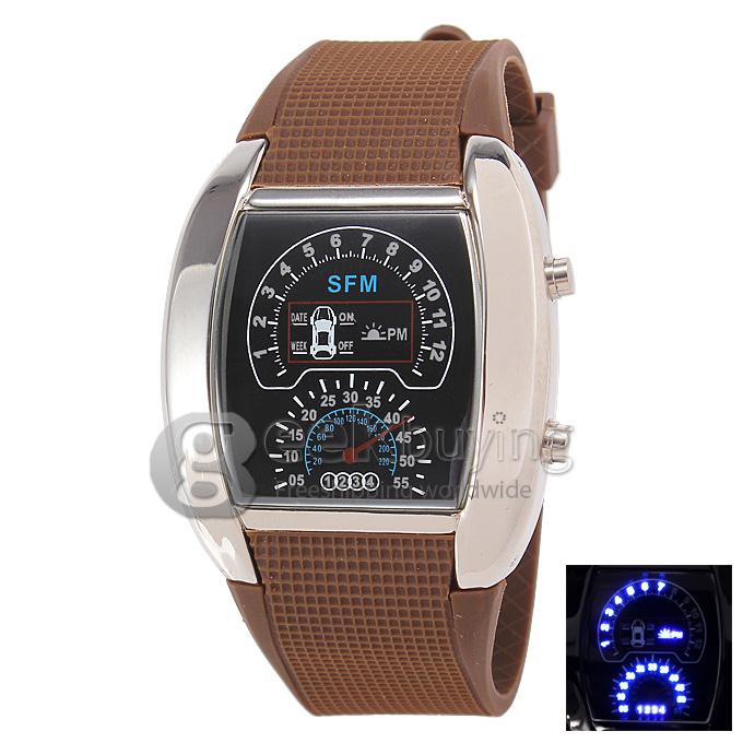 Unisex Automobile Pattern Silver Shell LED PU Strap Digital Quartz Wrist Watch - Brown