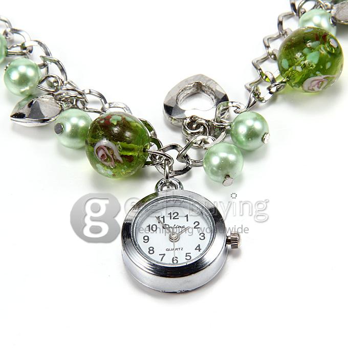 Fashion Casual Alloy and Plastic Bead Heart Pattern Analog Quartz Bracelet Watch for Woman - Green