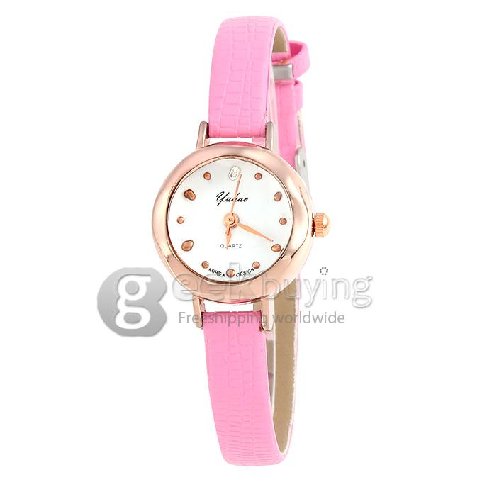 Women's Fashion Joker Contracted Crocodile Pattern Leather Strap Analog Quartz Wrist Watch - Pink