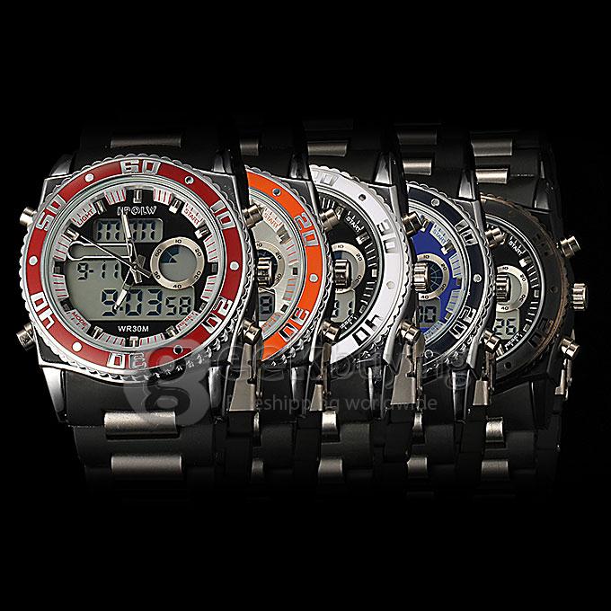Hpolw FS-583 Men's Fashion LED Stainless Steel Analog-Digital Quartz Sport Wrist Watch - Red