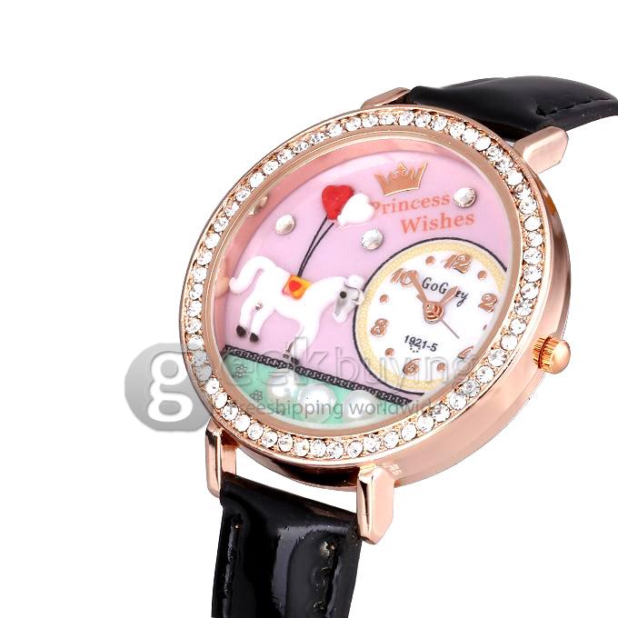 GOGOey1921 Women's Fashion 3D Pony Leather Strap Analog Quartz Watch with Diamond - Black