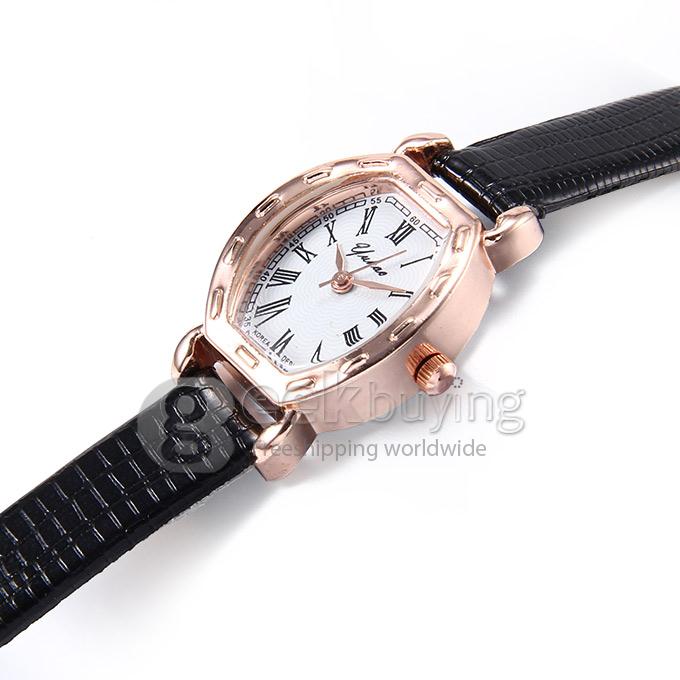 Women's Roman Numerals Crocodile Pattern Leather Band Oval Dial Analog Quartz Wrist Watch - Black