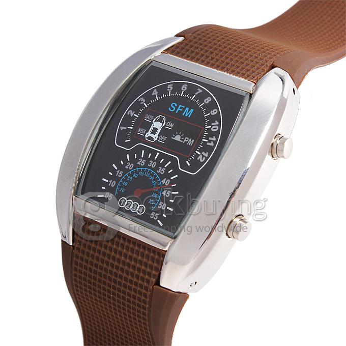 Unisex Automobile Pattern Silver Shell LED PU Strap Digital Quartz Wrist Watch - Brown