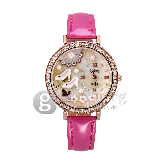 GOGOey1921 Women's Fashion 3D High-heeled Shoes Leather Strap Analog Quartz Watch with Diamond - Pink