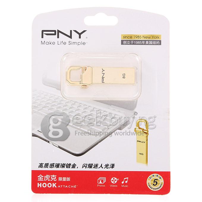 PNY Gold Hook 8GB USB 2.0 Steel Flash Drive U Disk Memory Stick USB Drive - Gold