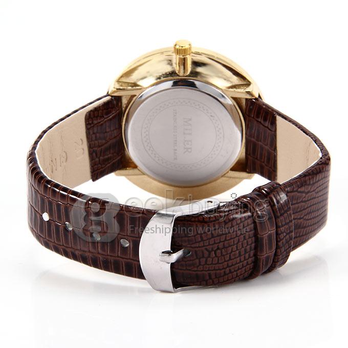MILER A8241 Unisex Gold Case Black Dial Crocodile Pattern Leather Band Analog Quartz Watch with Diamond - Brown