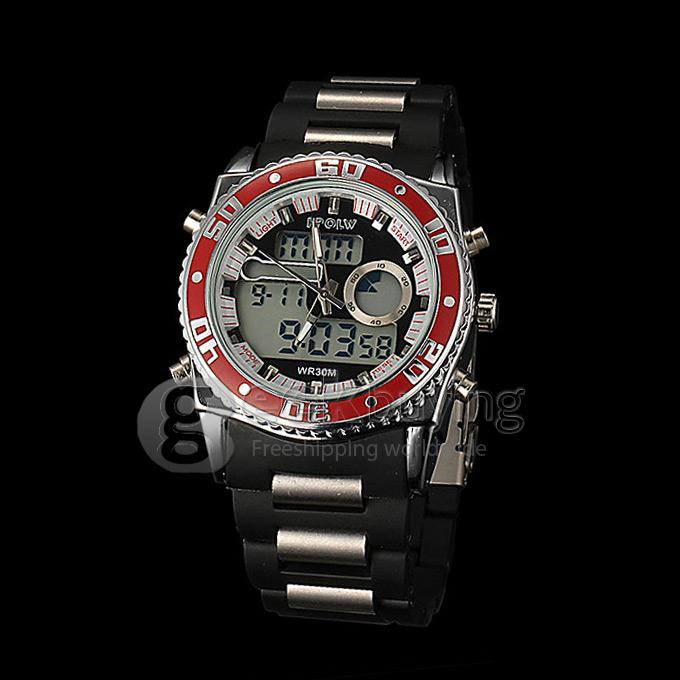 Hpolw FS-583 Men's Fashion LED Stainless Steel Analog-Digital Quartz Sport Wrist Watch - Red
