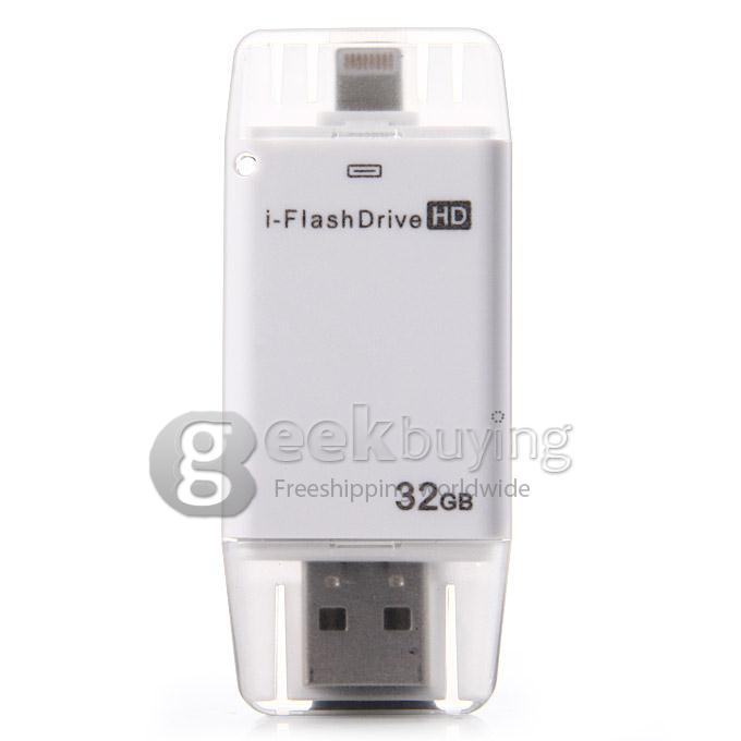 i-Flash HD Drive 32GB USB + 8-pin Port Flash Drive Memory Stick for iPad iPod iPhone5s iPhone6 - White