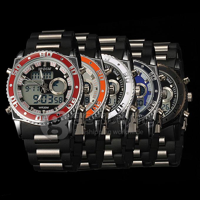 Hpolw FS-583 Men's Fashion LED Stainless Steel Analog-Digital Quartz Sport Wrist Watch - Black