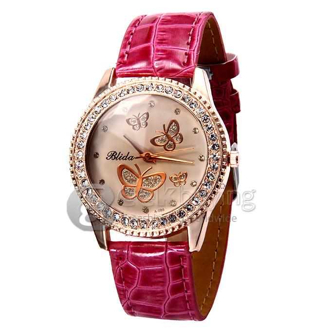 Women's Lady Style Casual Butterfly Pattern Crocodile Pattern Leather Band Quartz Watch with Diamond - Pink