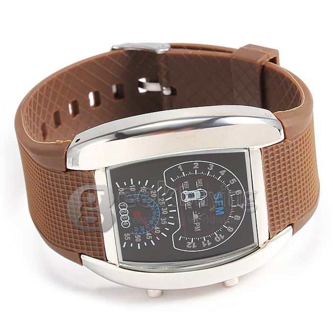 Unisex Automobile Pattern Silver Shell LED PU Strap Digital Quartz Wrist Watch - Brown