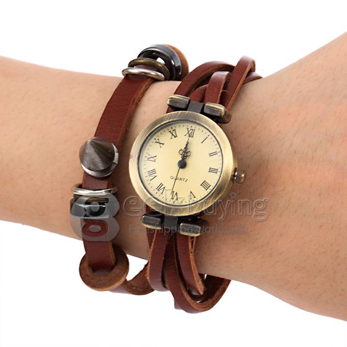 Women's Fashion Round Braid Leather Strap Analog Quartz Spike Style Bracelet Watch - Brown