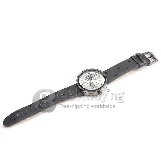 MILER A8245 Unisex Fashion Black Leather Band Cobweb Pattern Analog Quartz Wrist Watch - Silver Dial