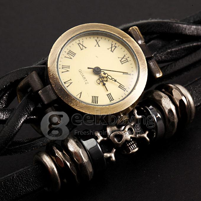 Women's Fashion Round Braid Leather Strap Analog Quartz Skeleton Style Bracelet Watch - Black