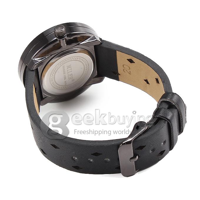 MILER A8245 Unisex Fashion Black Leather Band Cobweb Pattern Analog Quartz Wrist Watch - Silver Dial