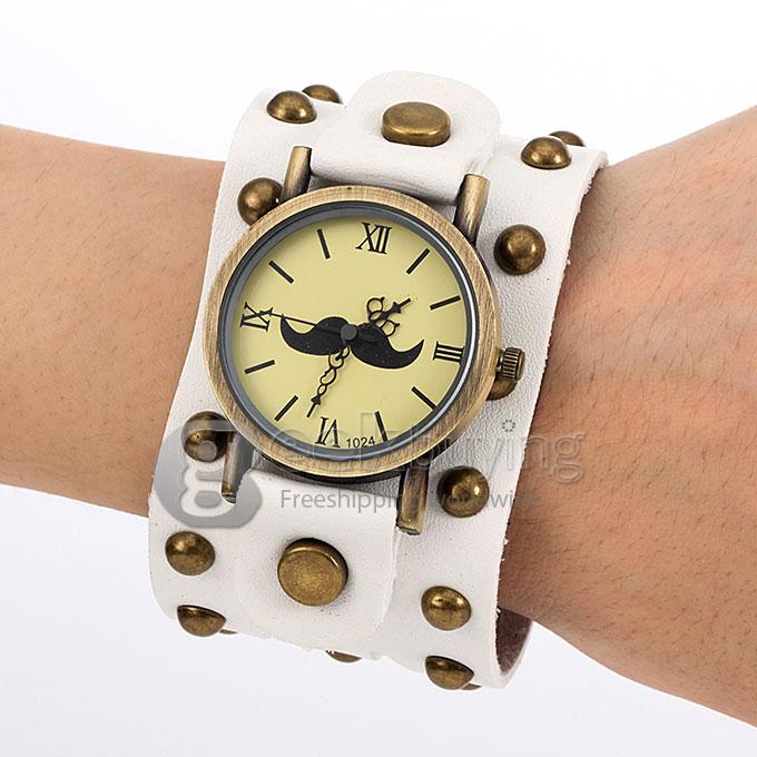 Women's Fashion Square Braid Leather Strap Beard Style Analog Quartz Bracelet Watch - White