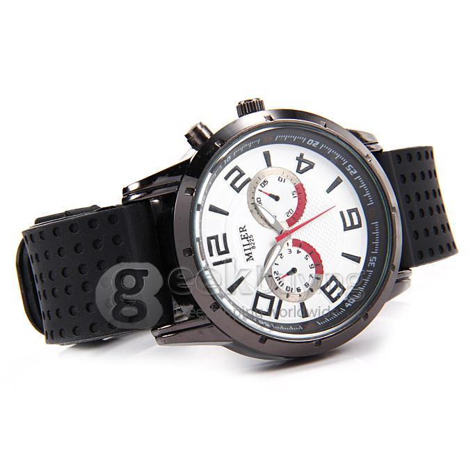 MILER A8225 White Dial Stainless Steel Rubber Strap Analog Quartz Sport Wrist Watch for Man
