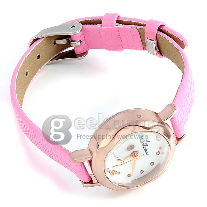 Women's Fashion Joker Contracted Crocodile Pattern Leather Strap Analog Quartz Wrist Watch - Pink