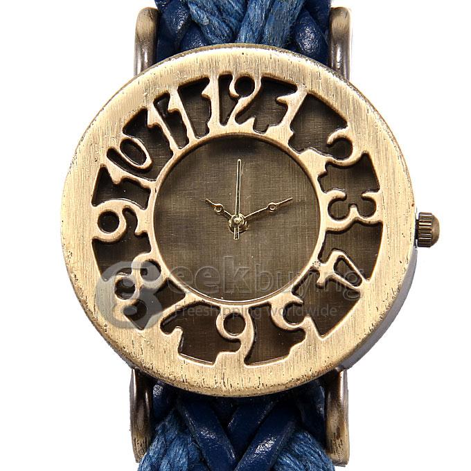 Women's Fashion Vintage Leisure Analog Quartz Handcraft Weave Strap Wrist Watch - Blue