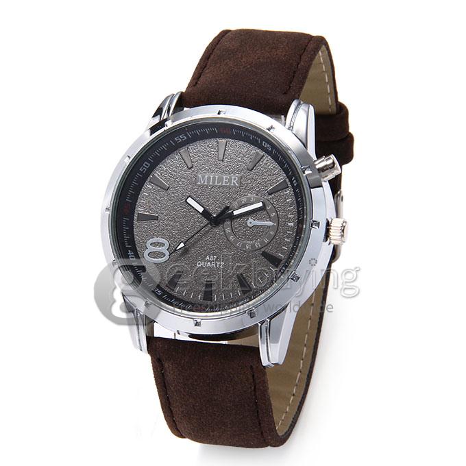 MILER A87 Unisex Fashion Black Case Leather Strap Analog Quartz Wrist Watch - Brown