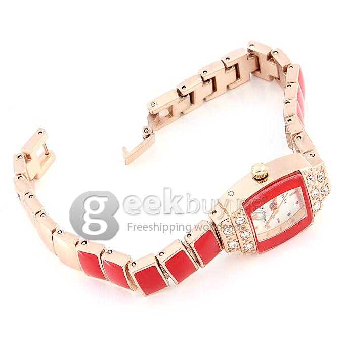King-girl 9093 Women's Rhinestone Round Dial Alloy Band Analog Quartz Bracelet Watch - Red