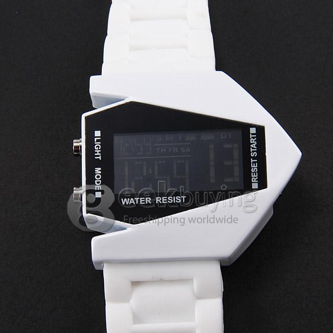 Stealth Aircraft Style LED Silicone Strap Digital Quartz Sport Wrist Watch for Man - White