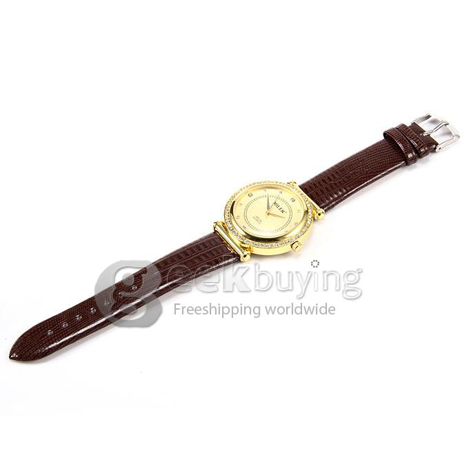 MILER A8238 Unisex Gold Case Crocodile Leather Band Analog Quartz Wrist Watch with Diamond - Brown