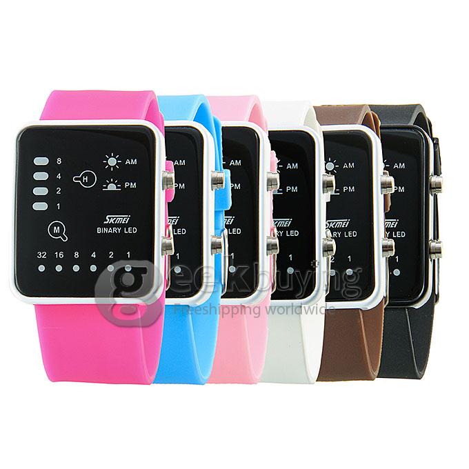 SKMEi 0890 Unisex Jelly Style PU Band Square Mirror LED Digital Quartz Sport Wrist Watch - Brown