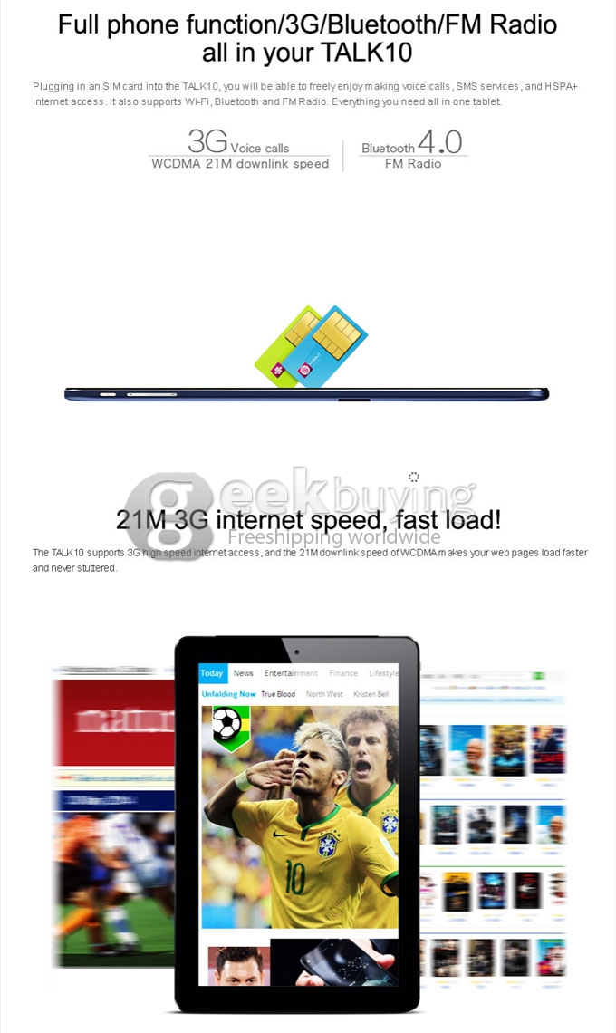 CUBE TALK10 U31GT MTK8382 Quad Core 10.1 Inch Tablet PC Android 4.4 OS IPS 1280*800 1GB RAM 16GB ROM 3G BT GPS - Blue