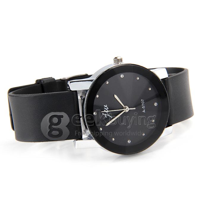 JW A-5707 Couple's Simple Fashion Black Dial PU Strap Analog Quartz Watch with Diamond for Man - Black